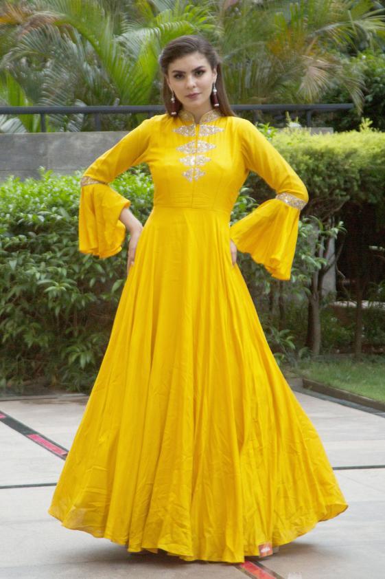 Mustard Yellow Mirror Embroidered Silk Designer Salwar