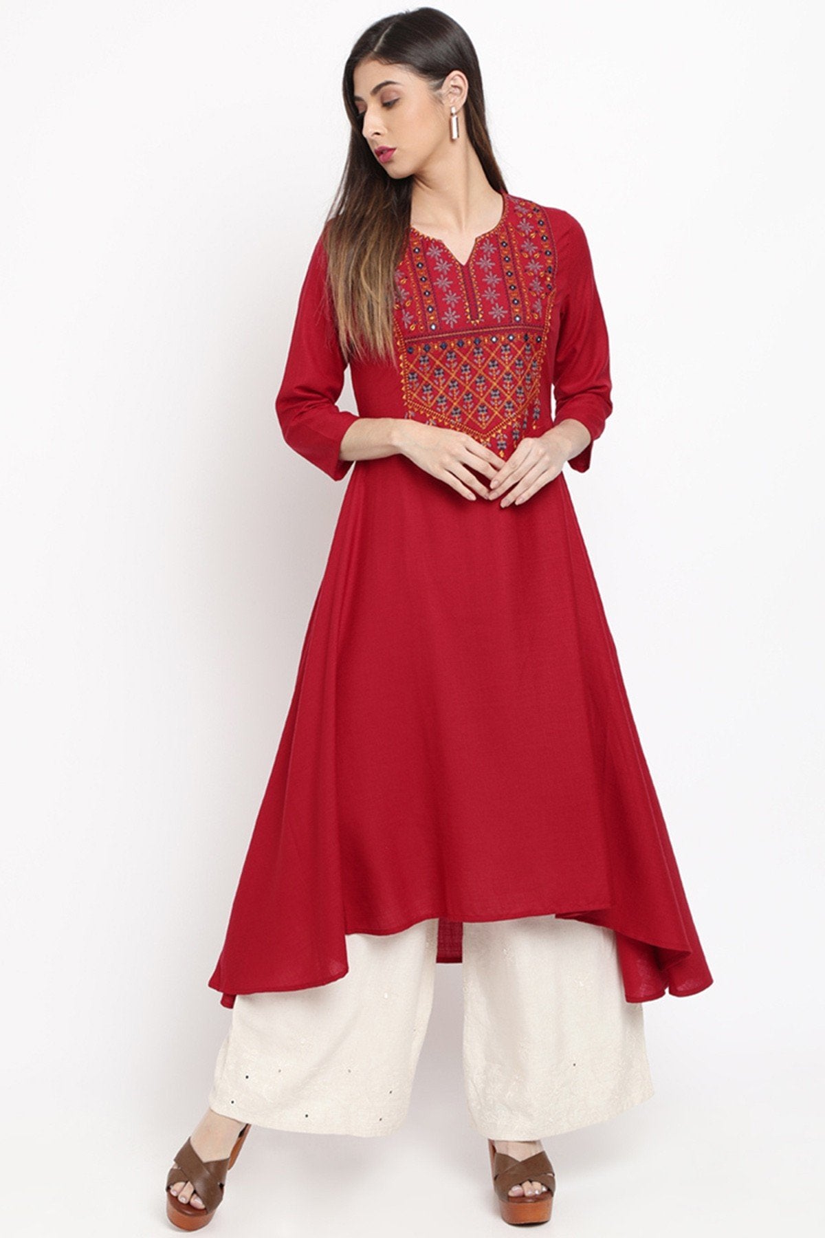 Maroon Embroidered Pure Cotton Kurti
