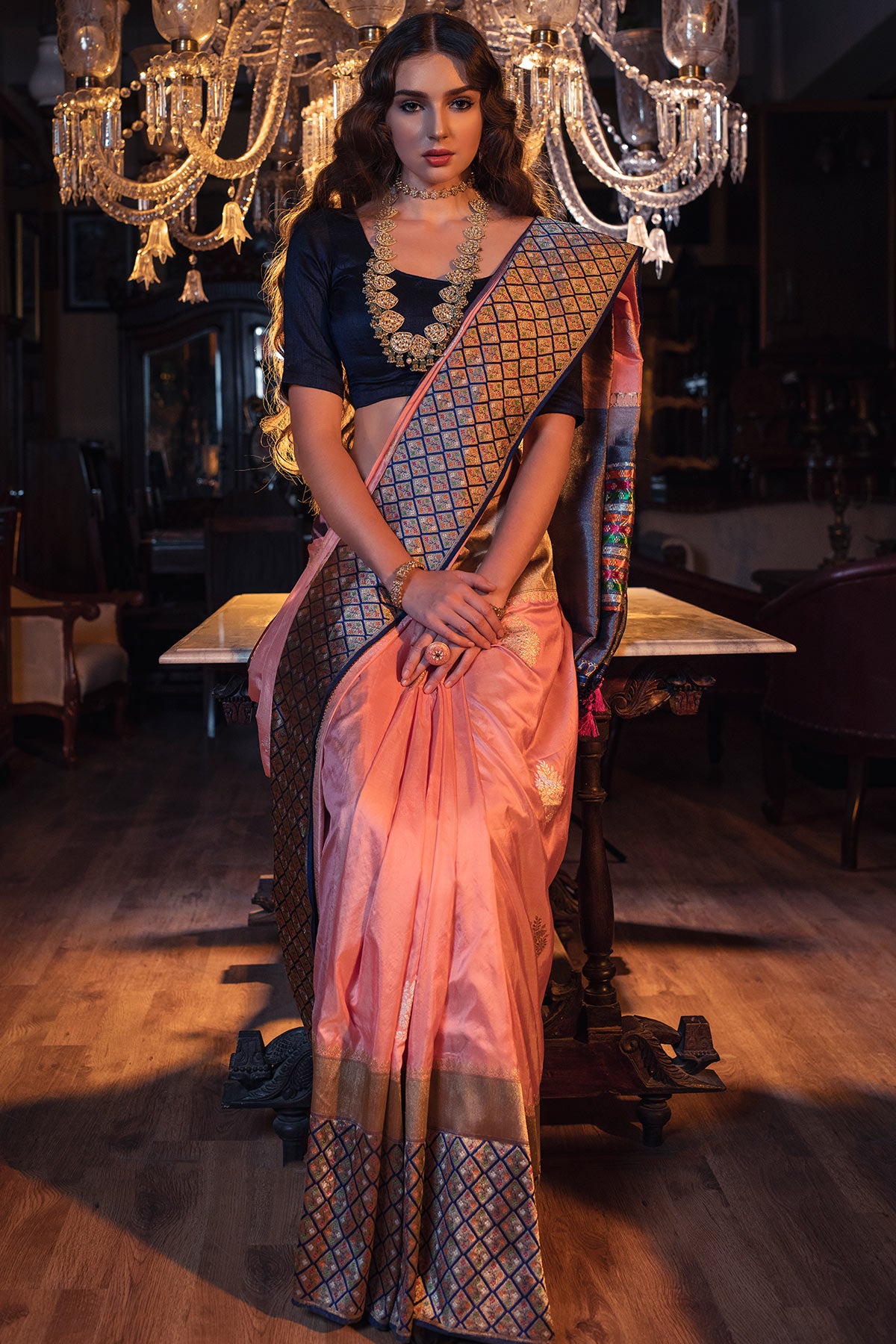 Flamingo Pink Zari Woven Banarasi Silk Saree