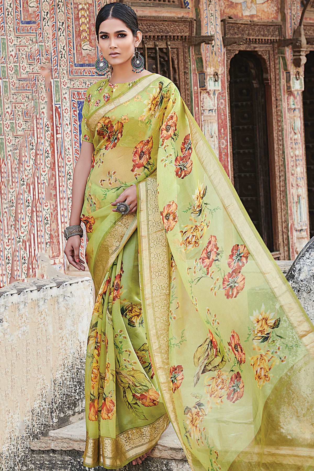 Spring Green Printed Organza Saree