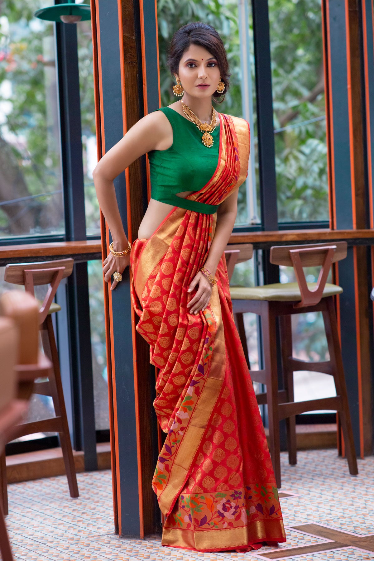 Orange-Red Zari woven Kanchipuram Silk Saree