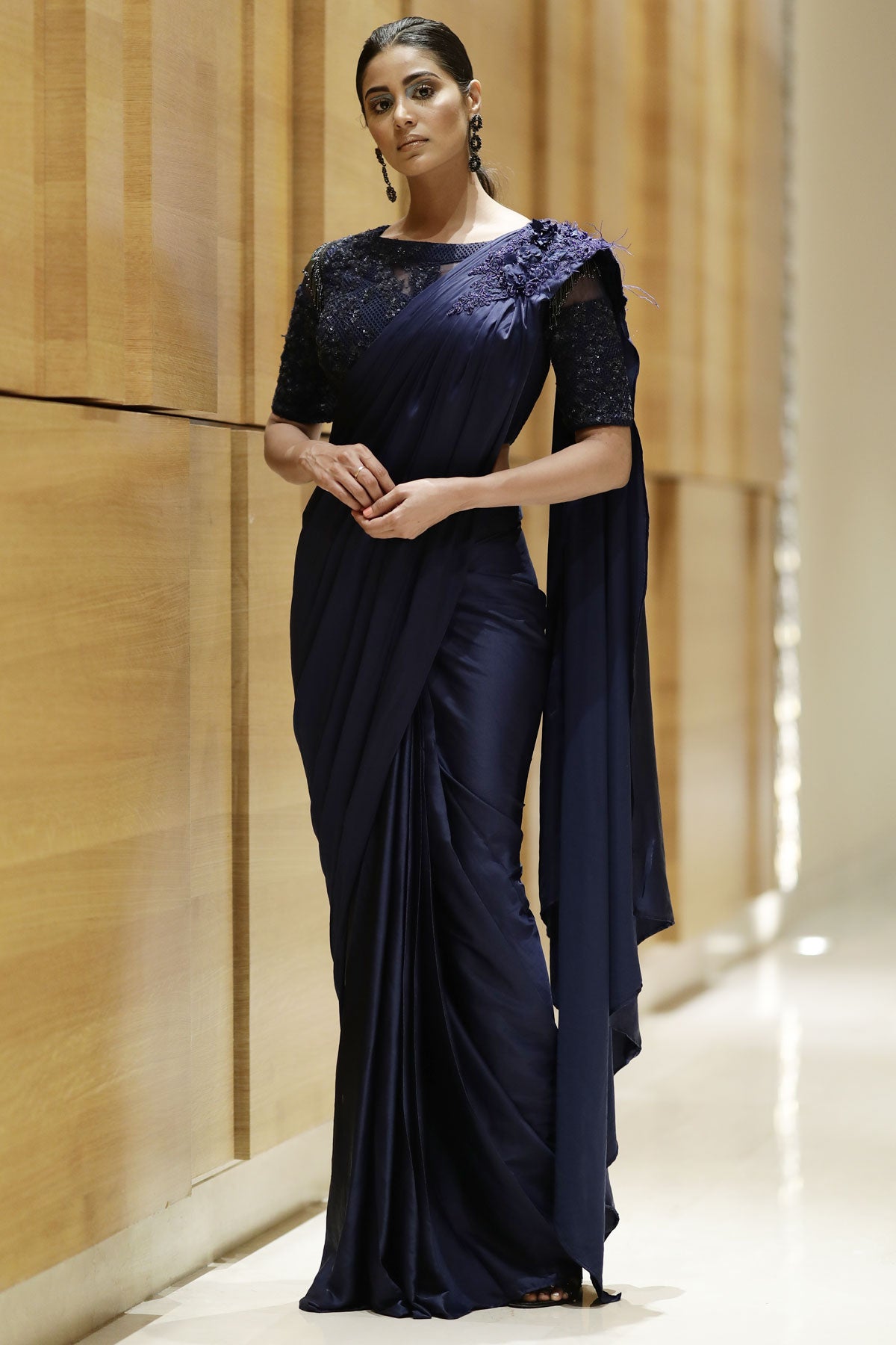 Midnight Blue Sequins Embroidered Satin Saree