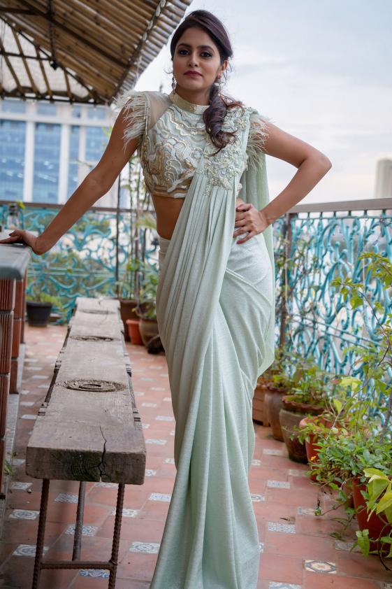 Powder Green Pearl Embroidered Lycra Saree
