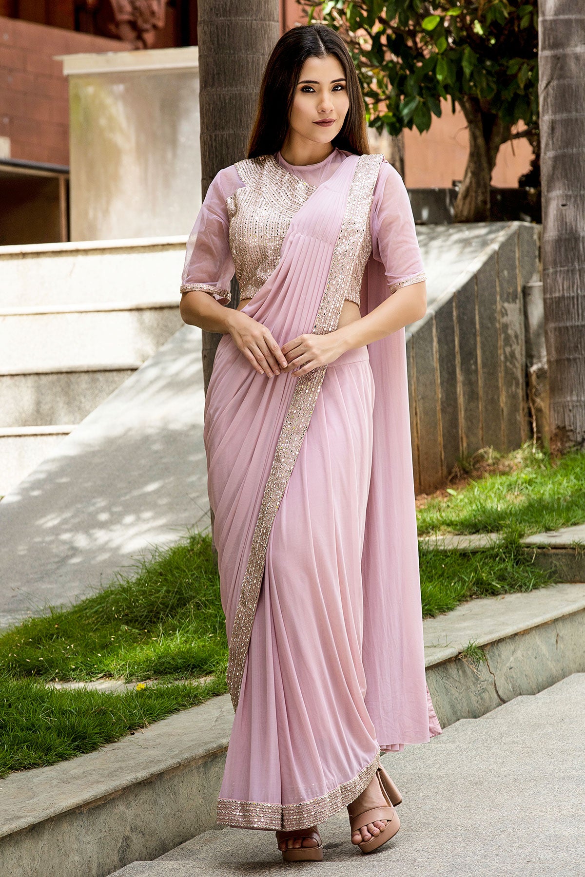 Blush Pink Mirror Embroidered Lycra Saree