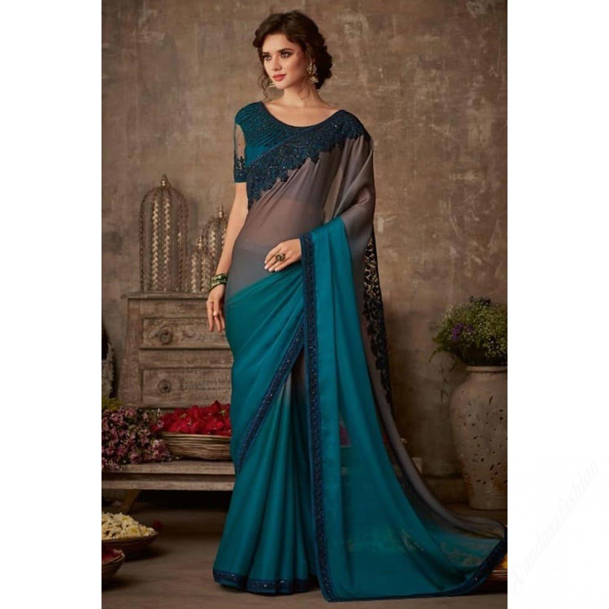 Teal Blue Chiffon Silk Saree With Banglori Silk Blouse