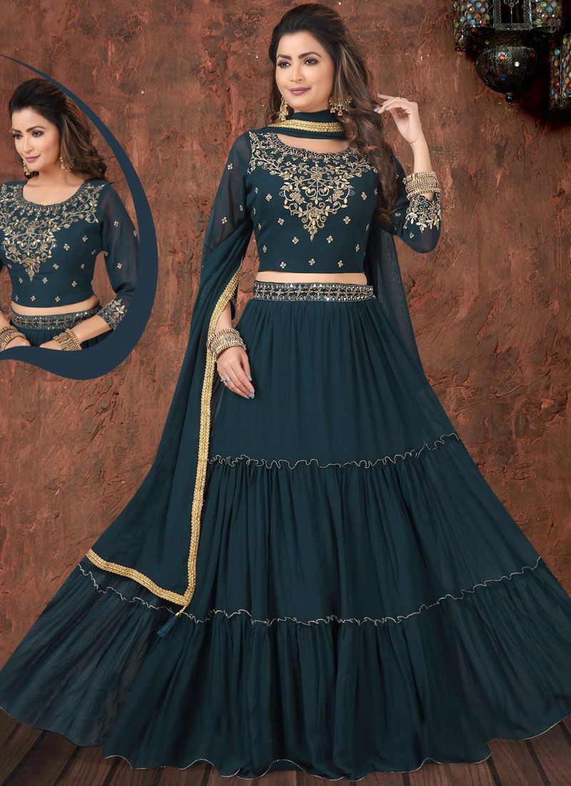 Teal Faux Georgette Readymade Lehenga Choli