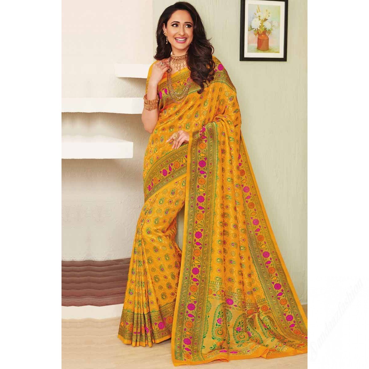 Turmeric Yellow Banarasi Silk Saree With Blouse