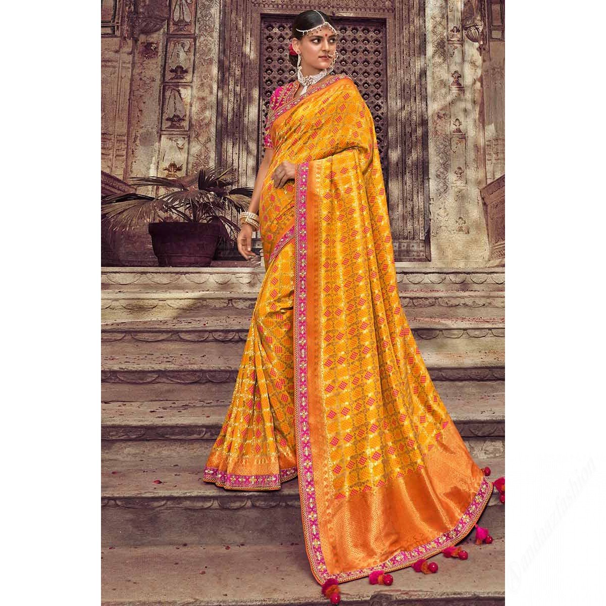 Turmeric Yellow Silk Saree With Banglori Silk Blouse