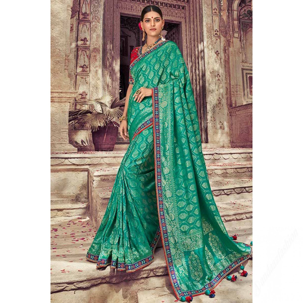 Turquoise Green Silk Saree With Banglori Silk Blouse