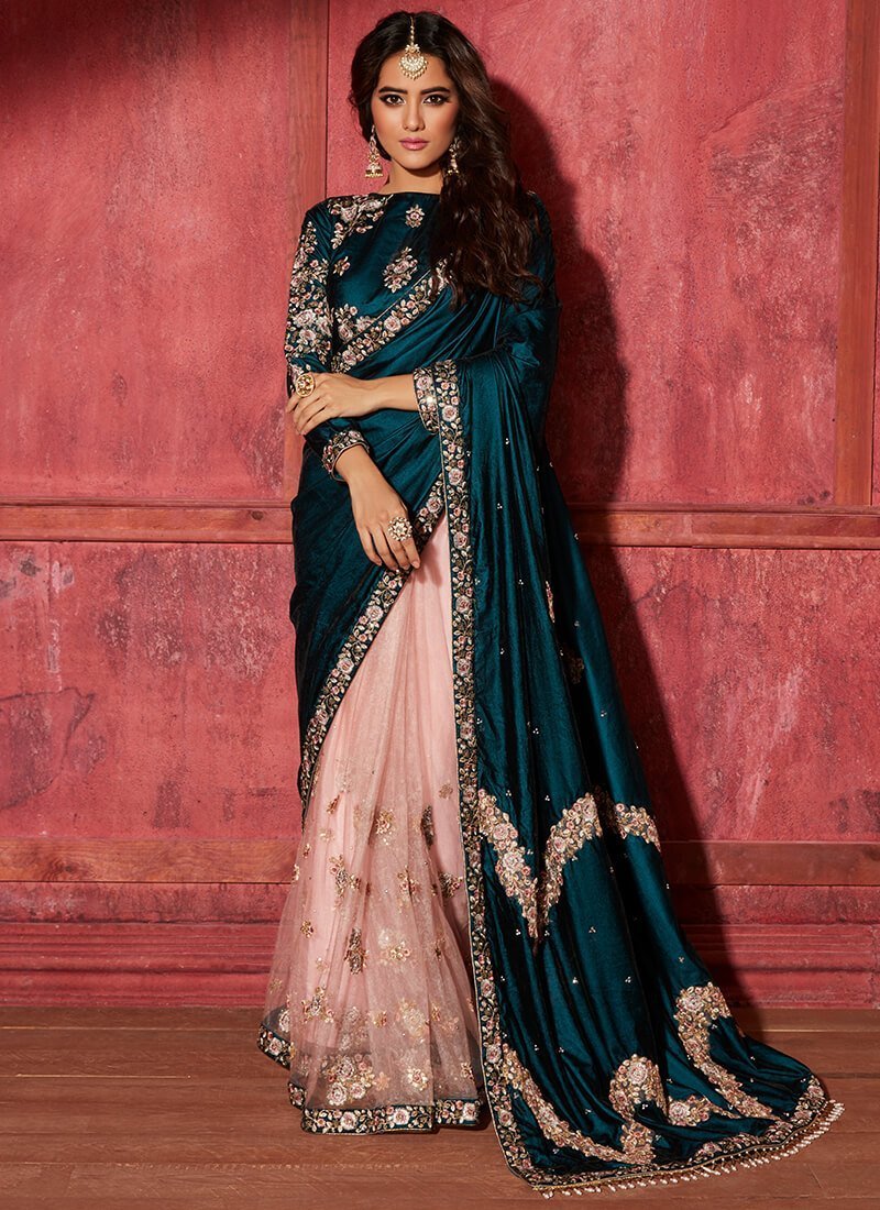 Teal and Light Pink Embroidered Saree