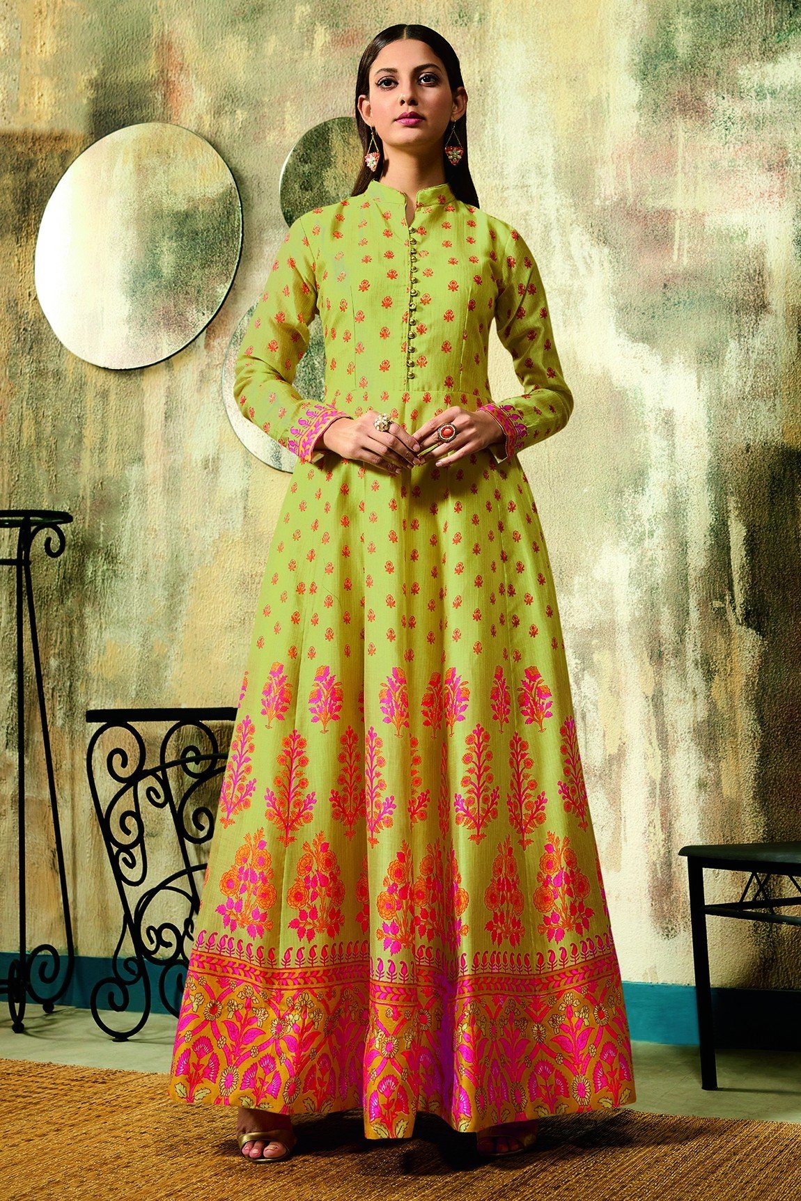 Lemon Yellow Pure Chanderi Digital Printed kurti