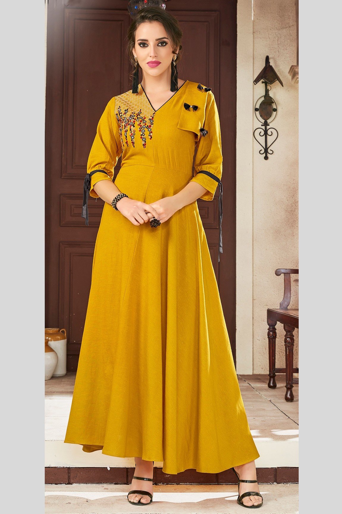 Mustard Viscose Ready to Wear Gown Style Long Tunic Comprising of Thread & Stone Work