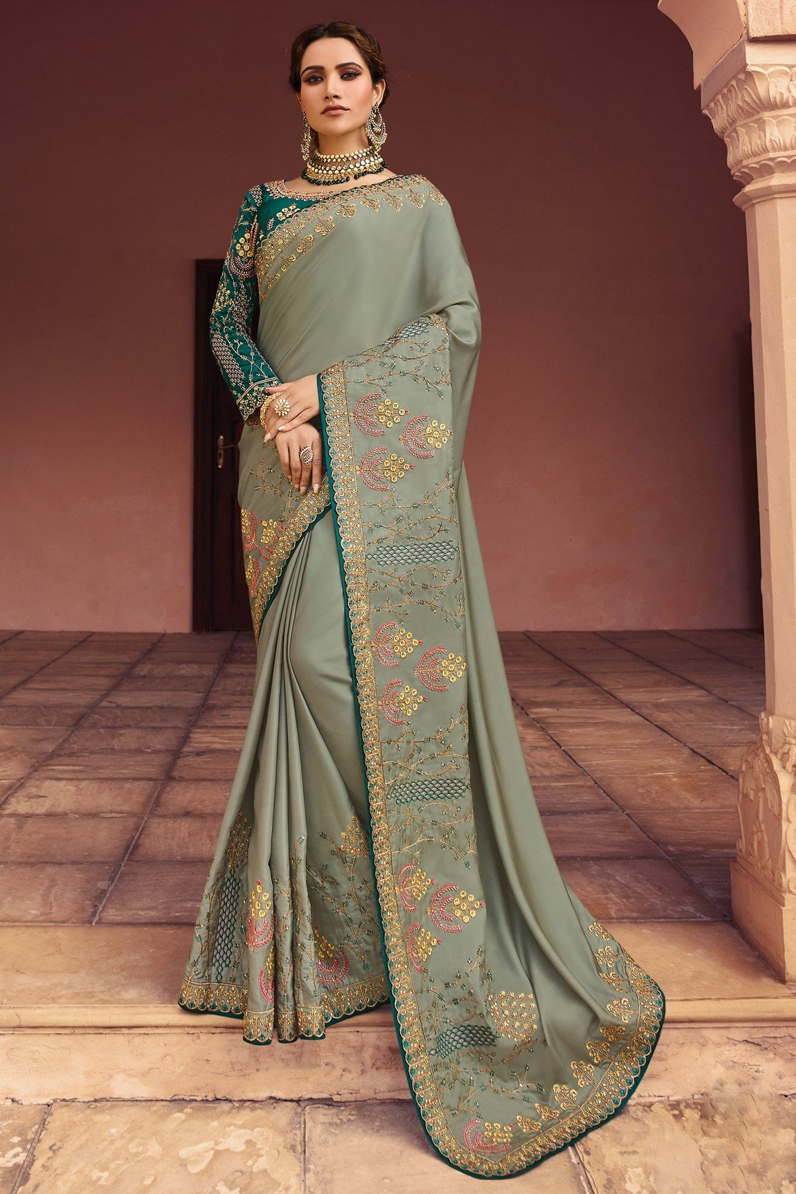 Light Olive Green Raw Silk Zari Embroidered with Stone Work Designer Party Wear Saree with Embroidered Raw Silk Blouse Piece