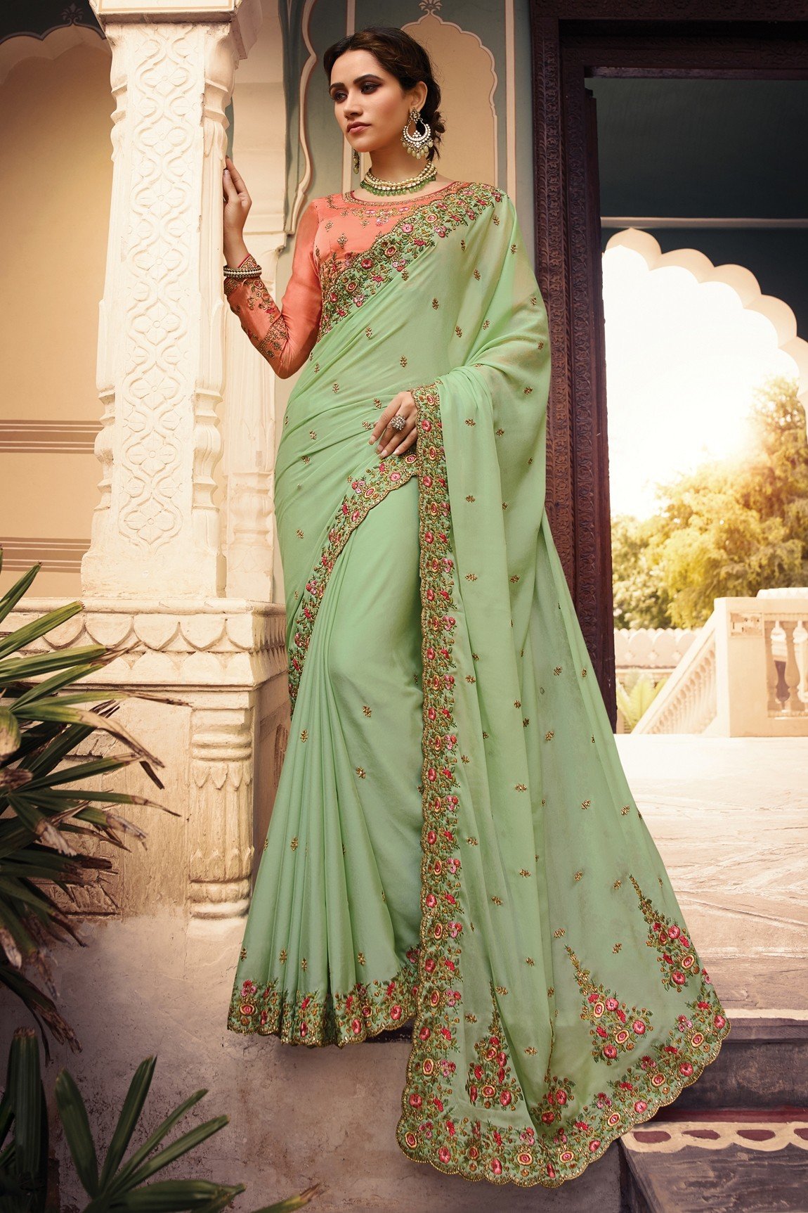 Sea Green Raw Silk Zari Embroidered with Stone Work Designer Party Wear Saree with Embroidered Raw Silk Blouse Piece