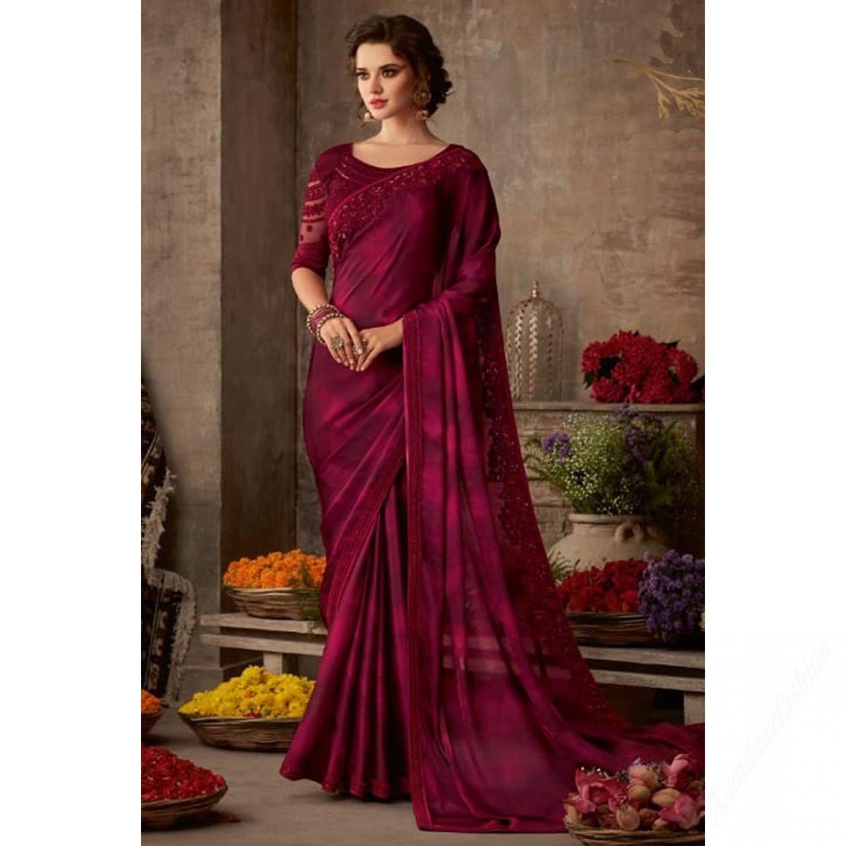 Wine Colour Silk Saree With Banglori Silk Blouse