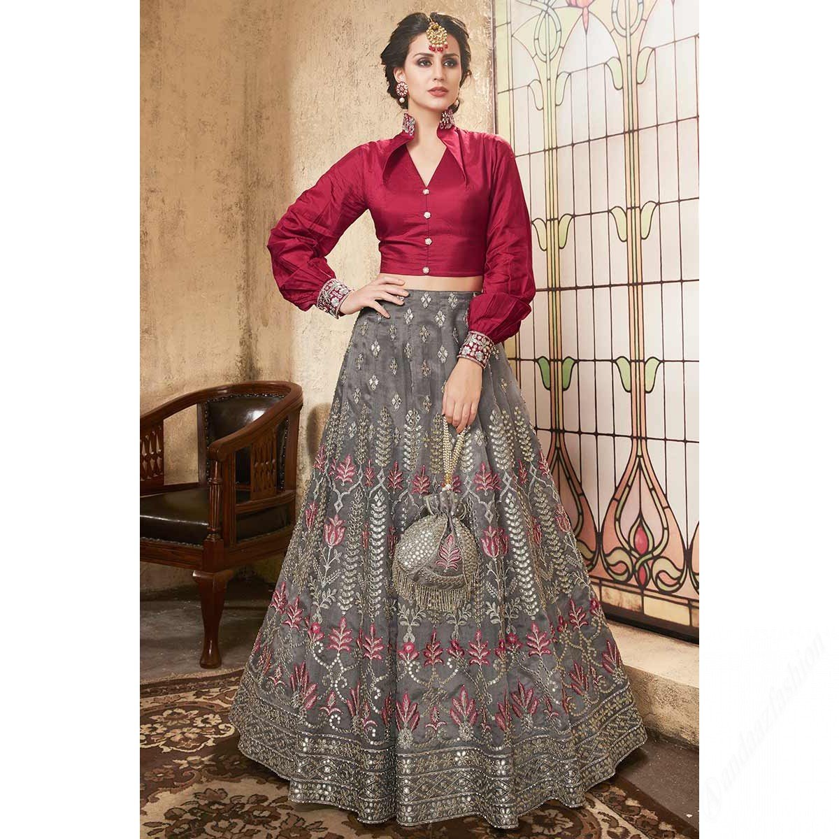 Wine Red And Grey Gota Patti Organza Lehenga Choli