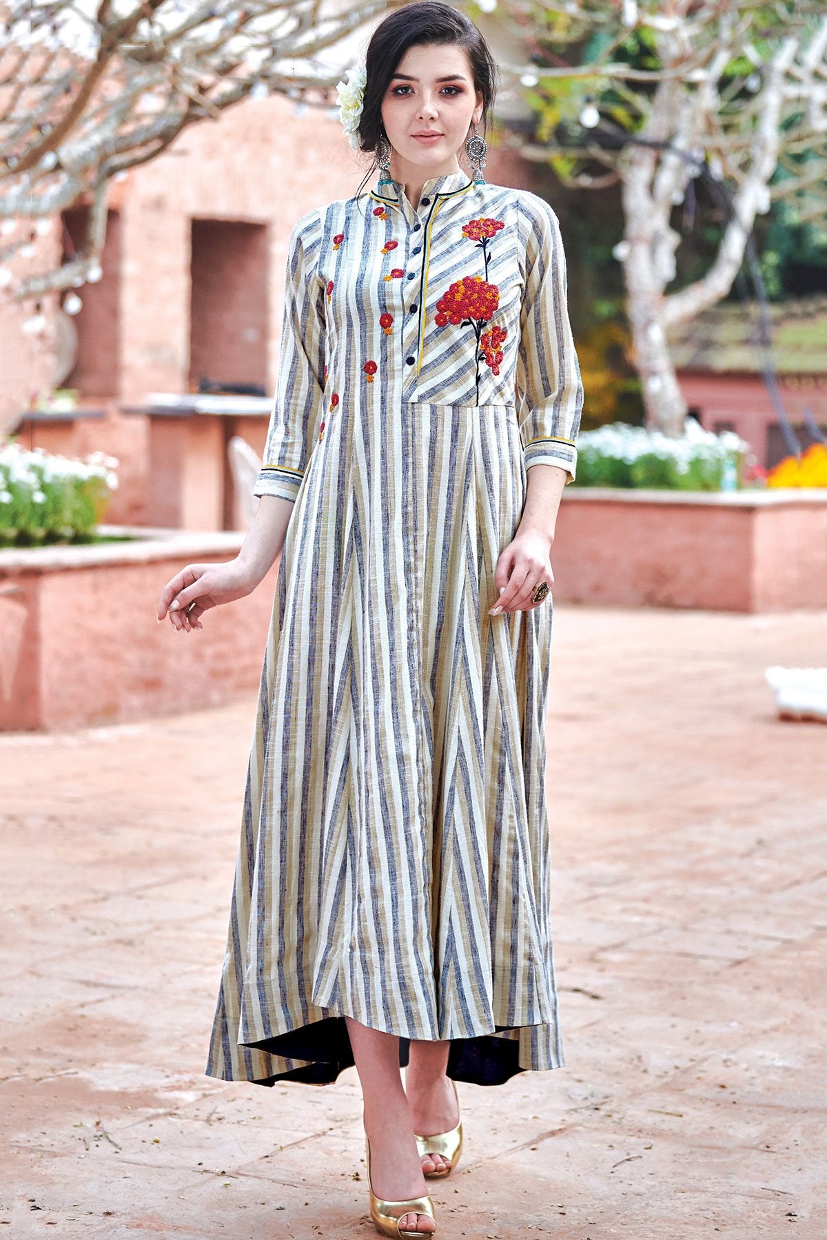 White & Blue Thread Embroidered Cotton Designer Kurti