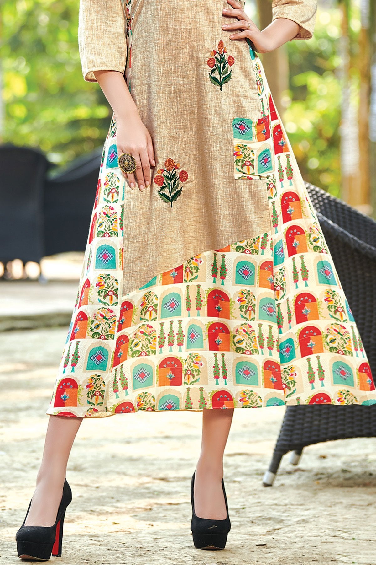 Brown & Multicolor Thread Embroidered Cotton Kurti