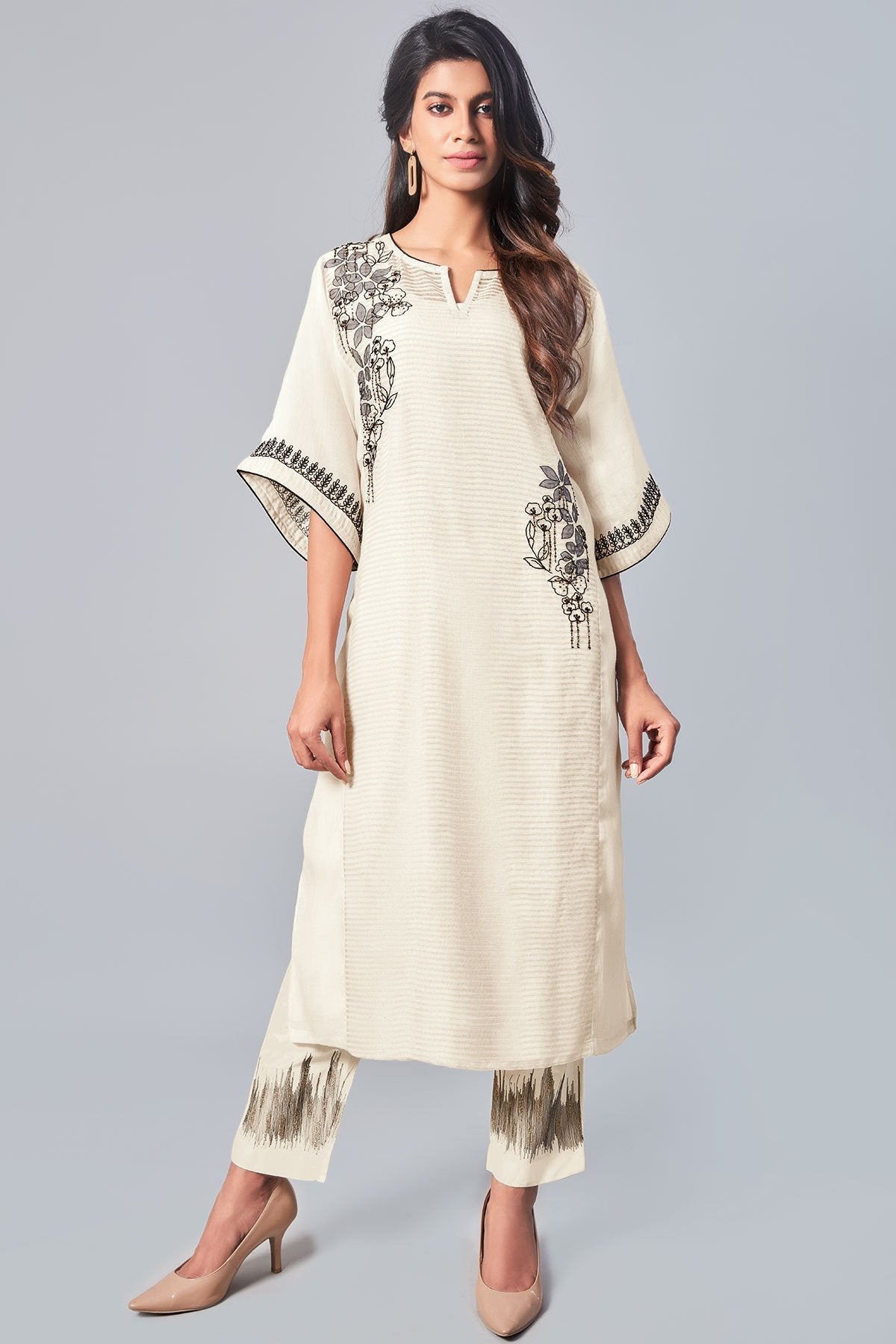 Off-White Sequins Embroidered Silk Designer Kurti
