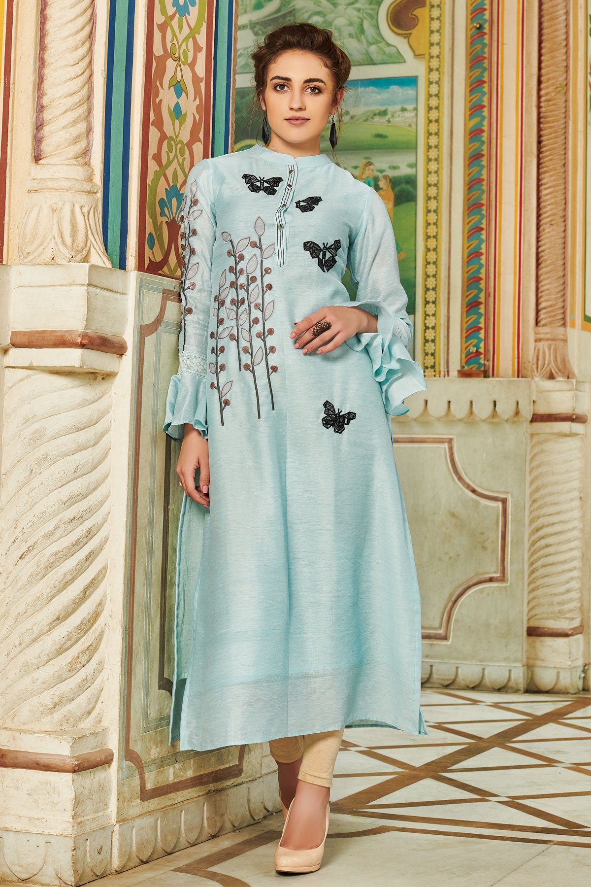 Sea Blue Thread Embroidered Silk Designer kurti