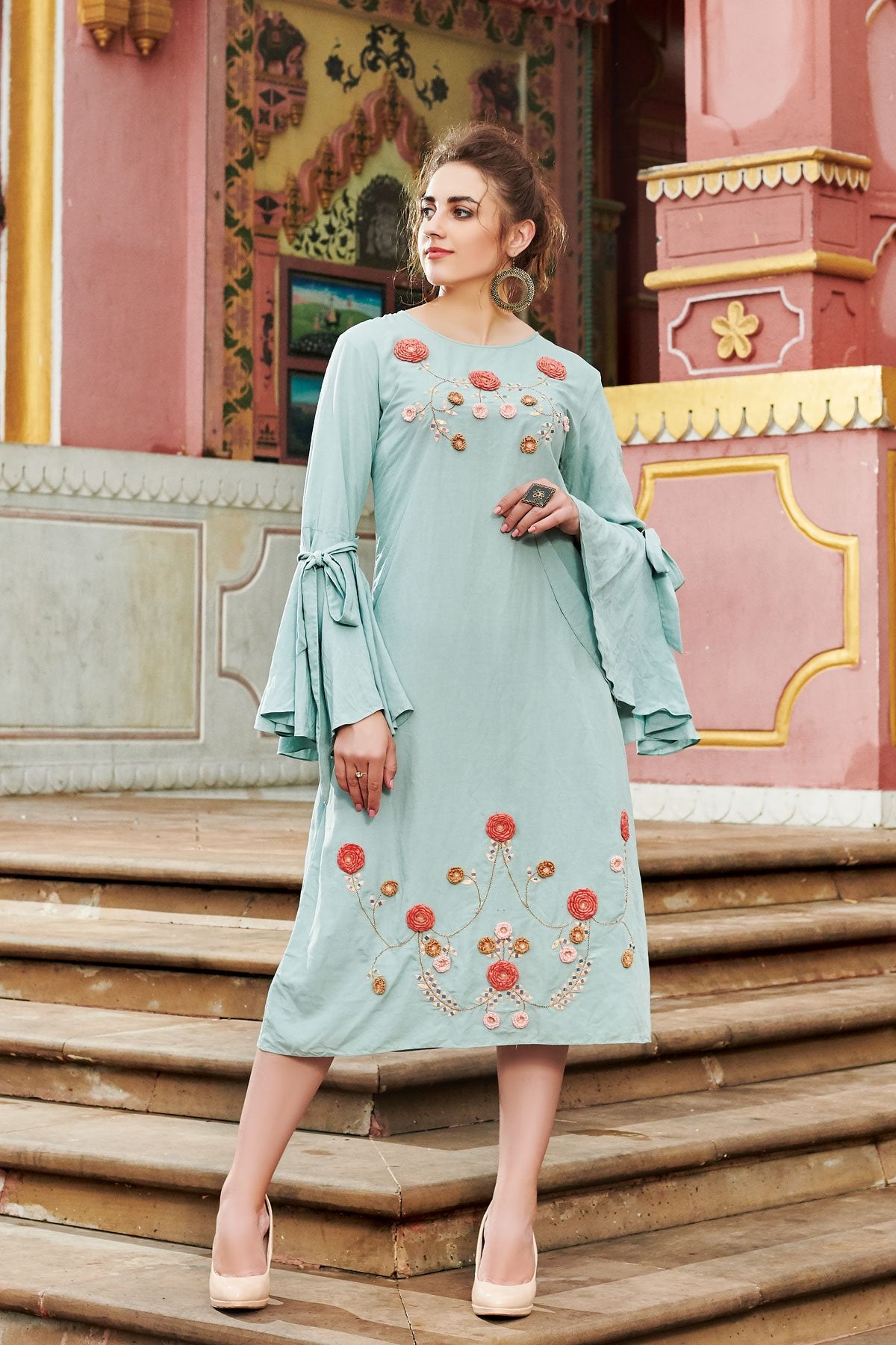 Sky Blue Zari Embroidered Cotton Designer kurti