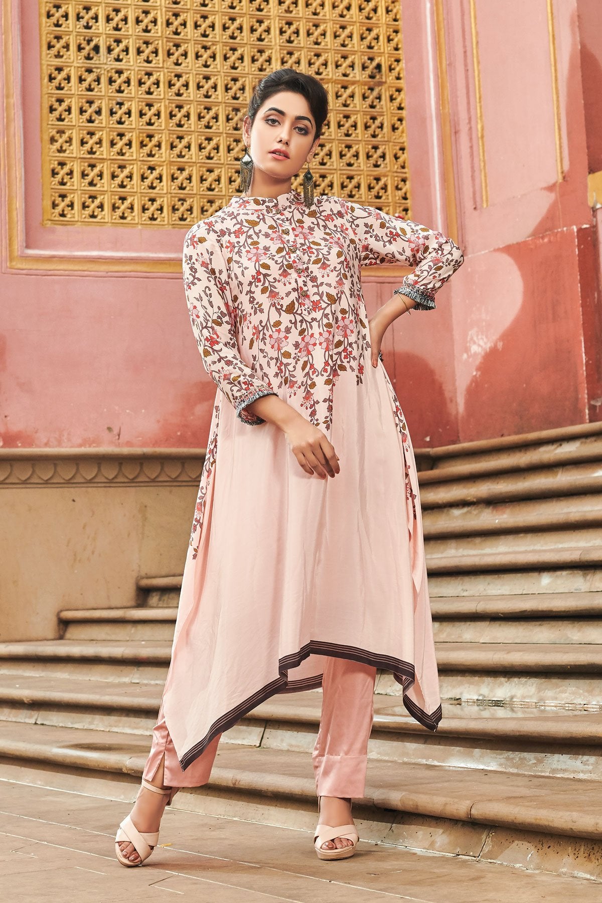 Lemonade Pink Printed Cotton Satin Designer kurti