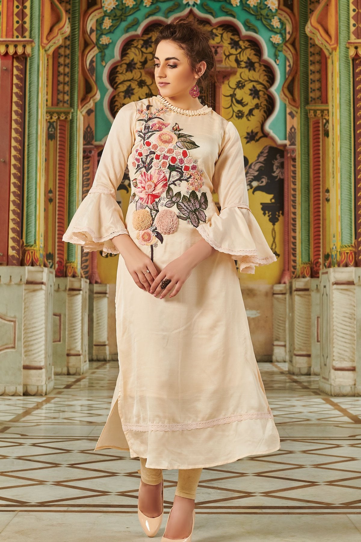 Cream Thread Embroidered Close Neck Designer kurti