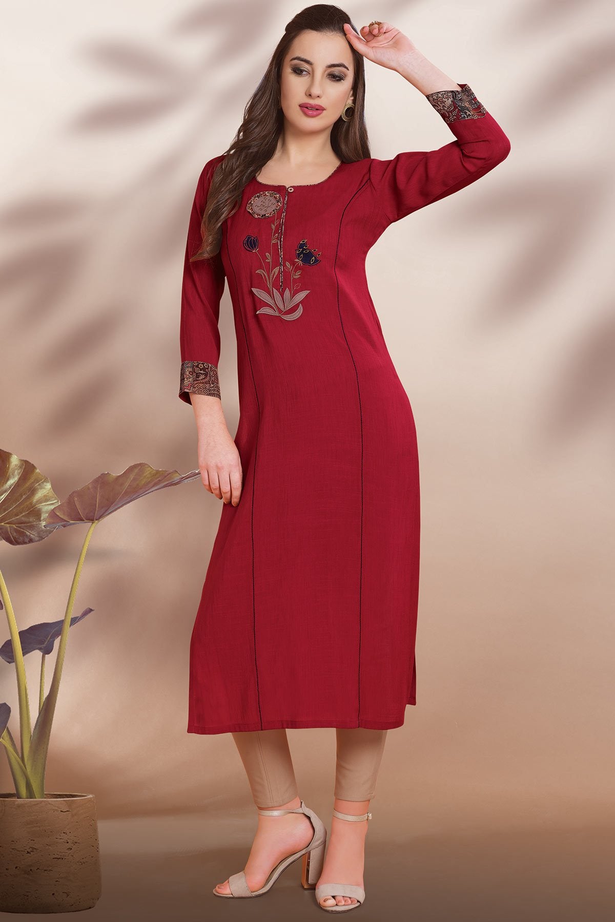 Crimson Red Applique Embroidered Cotton Designer Kurti