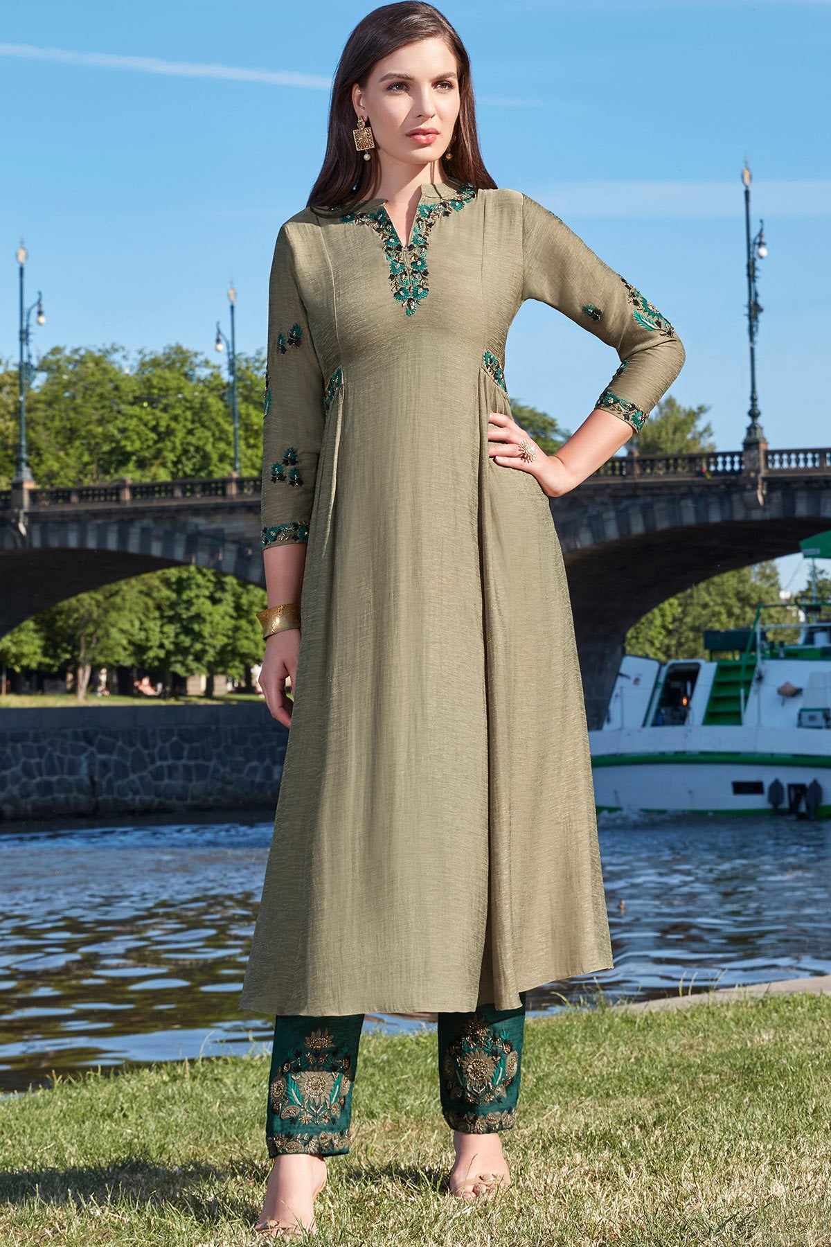 Sage Green Resham Embroidered Silk Designer Kurti