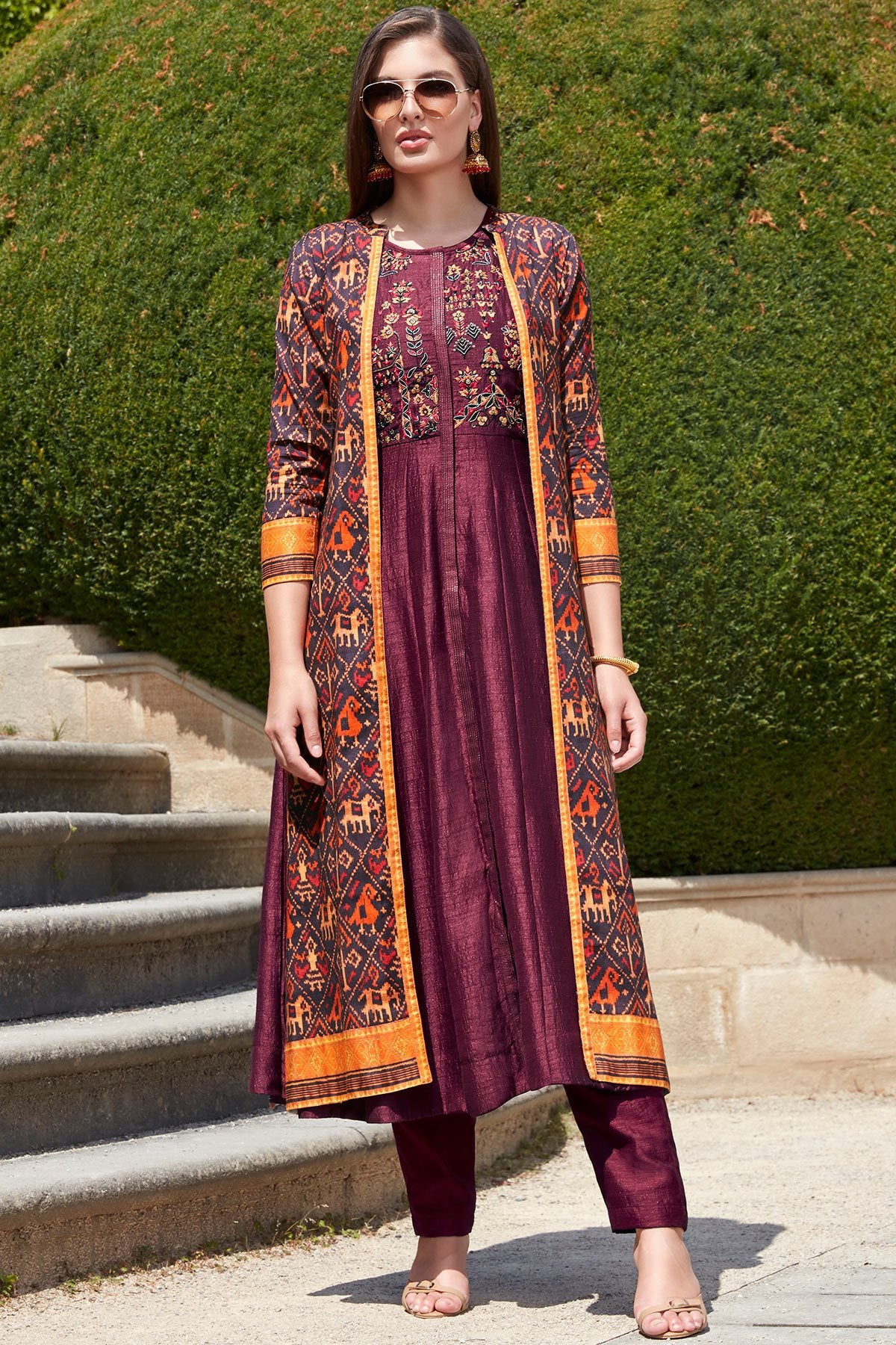 Plum Sequins Embroidered Silk Designer Kurti