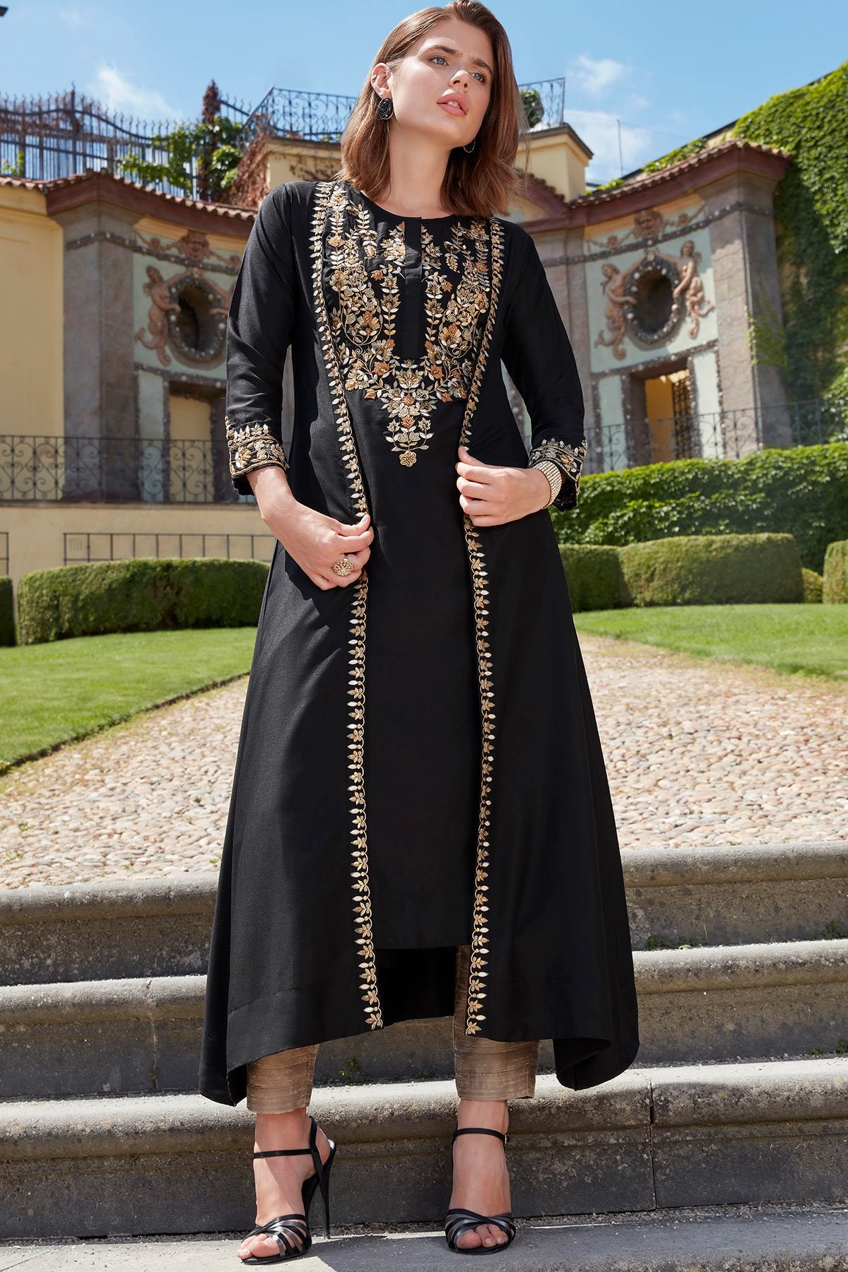 Black Thread Embroidered Silk Designer Kurti