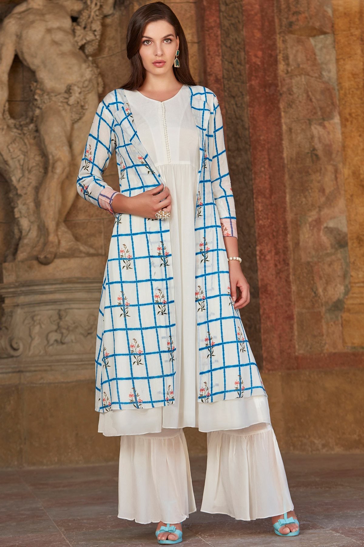 White & Blue Printed Cotton Designer Kurti