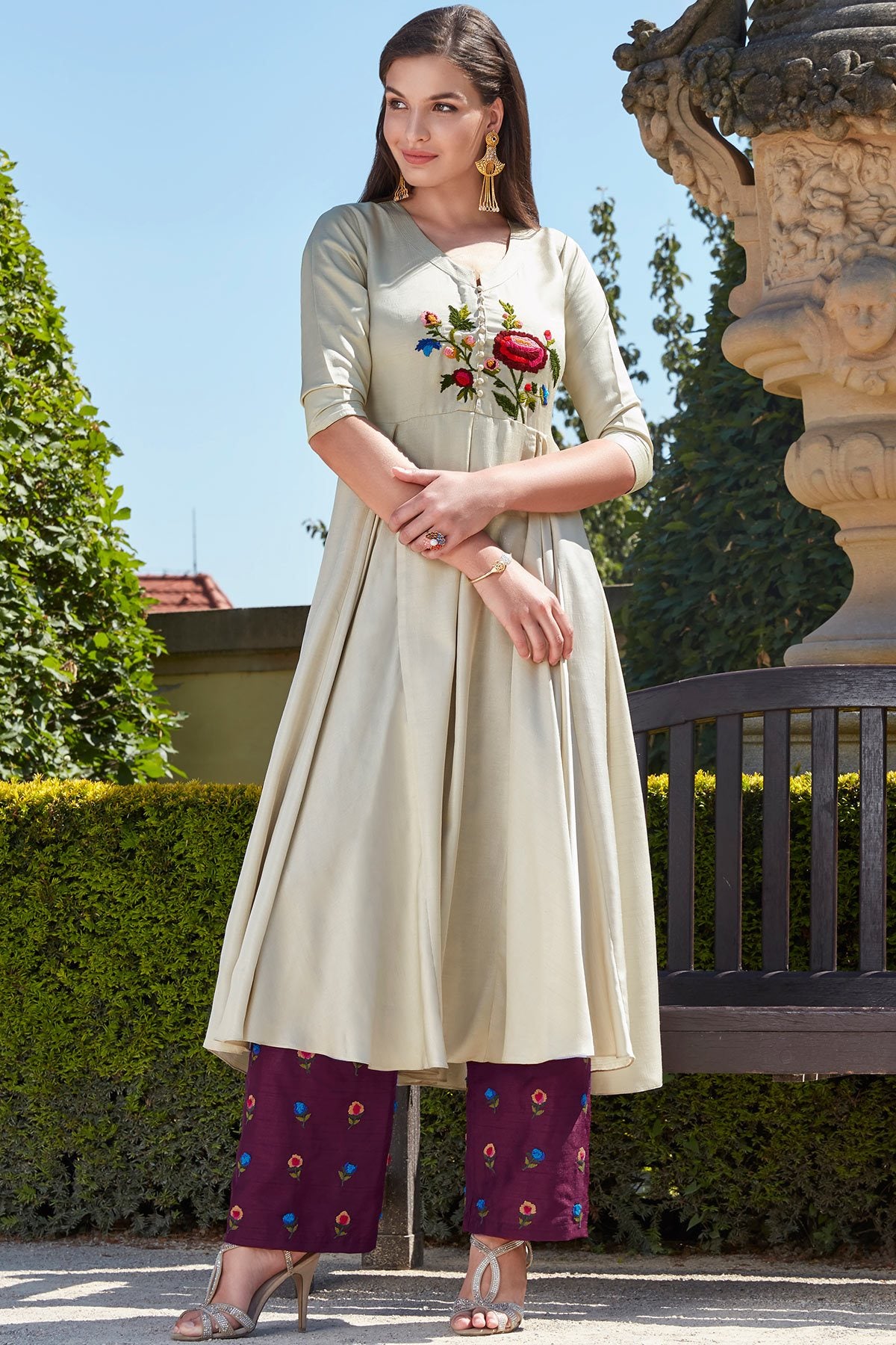 Beige Thread Embroidered Cotton Designer Kurti