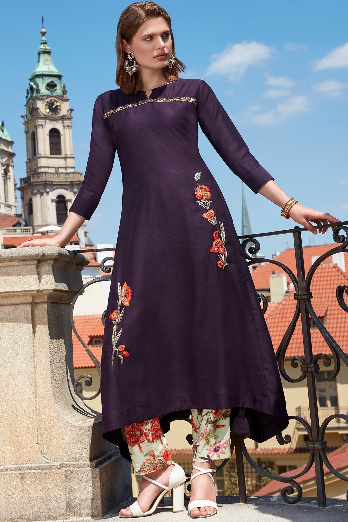 Dark Purple Zardosi Embroidered Silk Designer Kurti