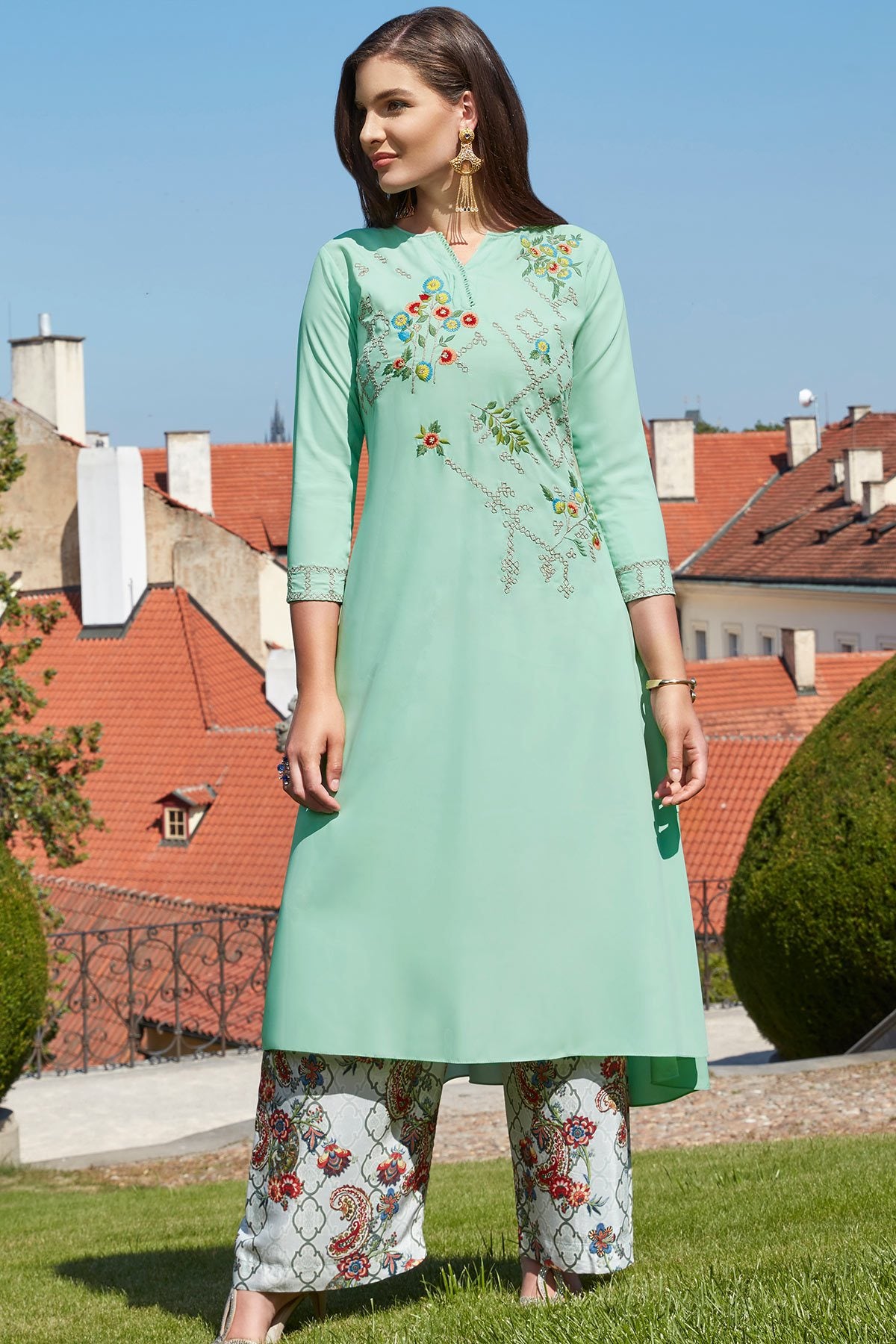 Turquoise Green Cutdana Crepe Designer Kurti