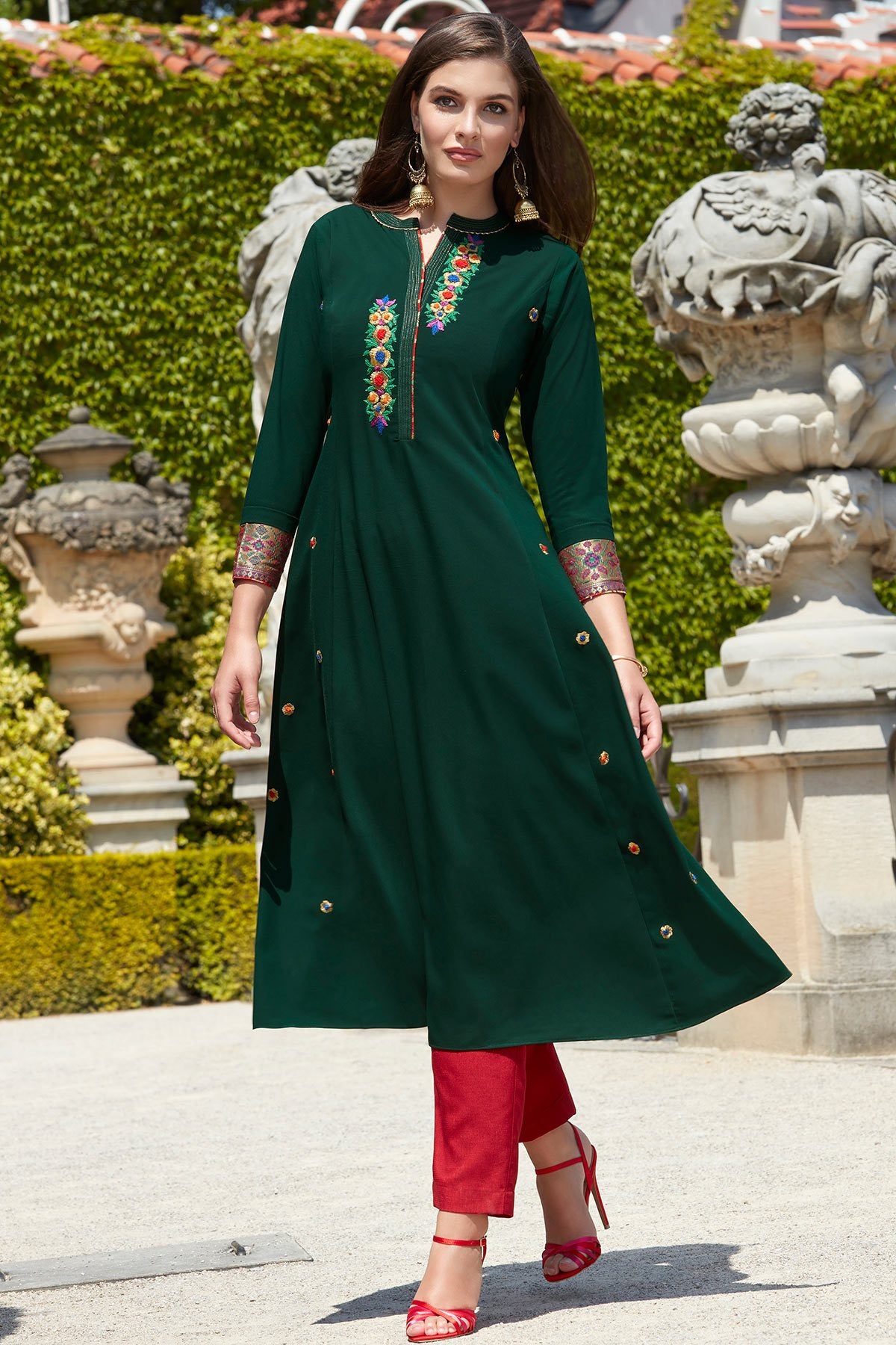 Bottle Green Resjam Embroidered Crepe Designer Kurti
