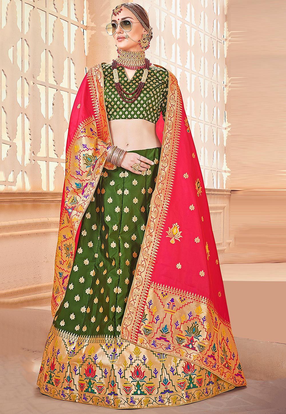 Woven Art Silk Jacquard Lehenga in Olive Green