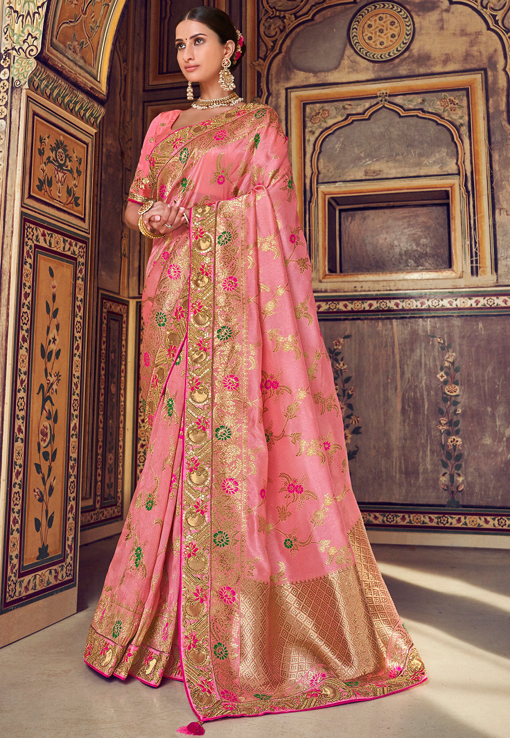Woven Art Silk Jacquard Saree in Pink