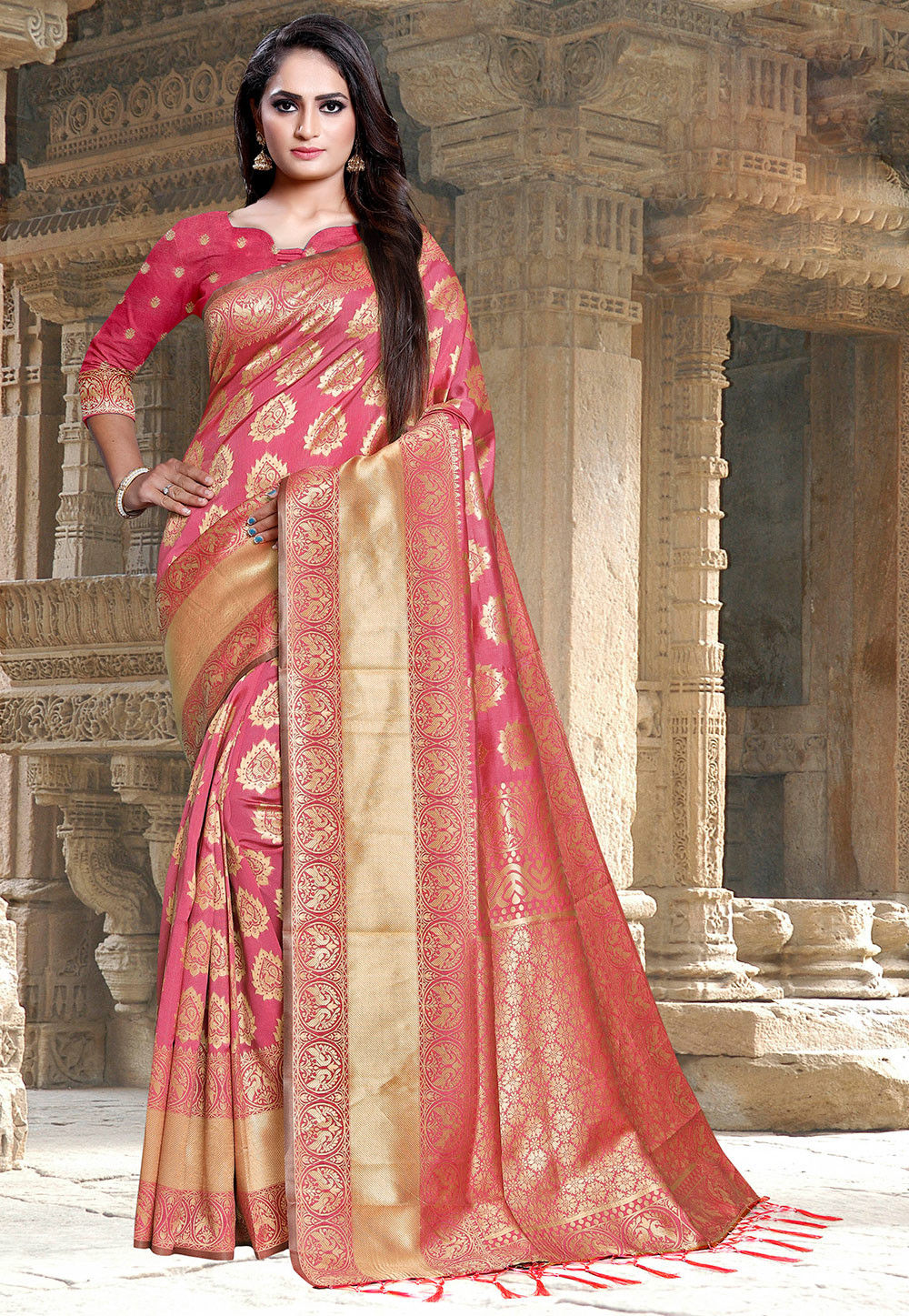Woven Art Silk Saree in Coral Pink