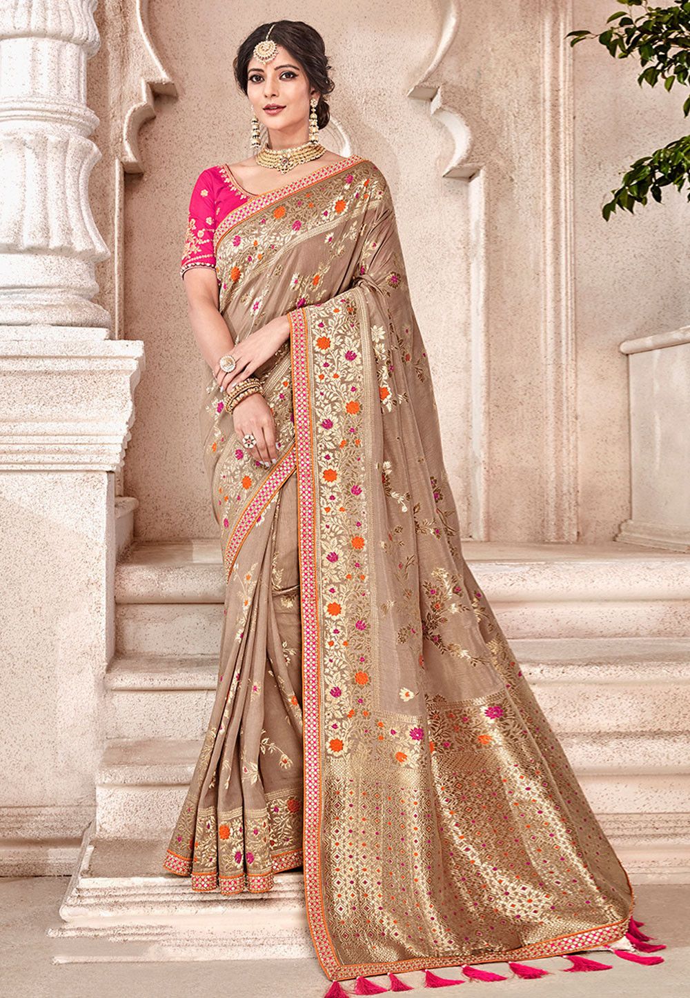Woven Art Silk Saree in Fawn