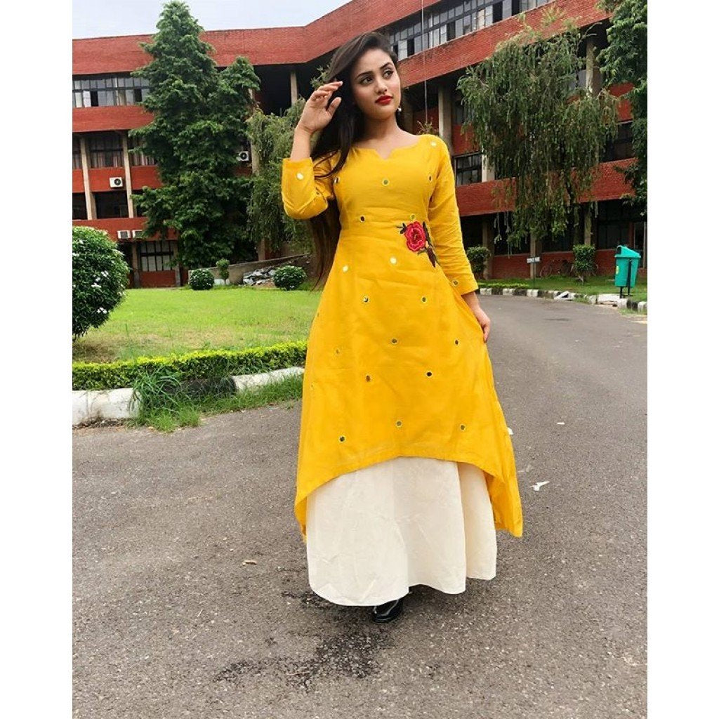 Pure Rayon Skirt Rose Mirror Print Kurti (Yellow White)